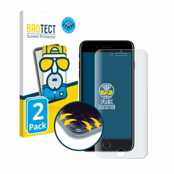 Face avant d’un emballage produit avec le logo de la marque BROTECT. À côté, l’appareil Apple iPhone 7 Plus est représenté ave