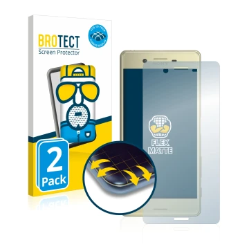 Face avant d’un emballage produit avec le logo de la marque BROTECT. À côté, l’appareil Sony Xperia X est représenté avec la p