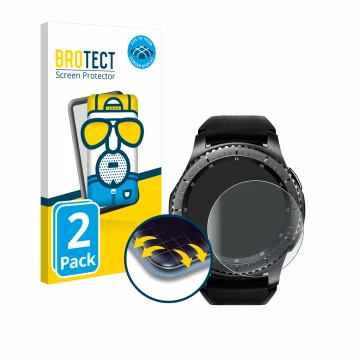 Face avant d’un emballage produit avec le logo de la marque BROTECT. À côté, l’appareil Samsung Gear S3 Frontier est représent
