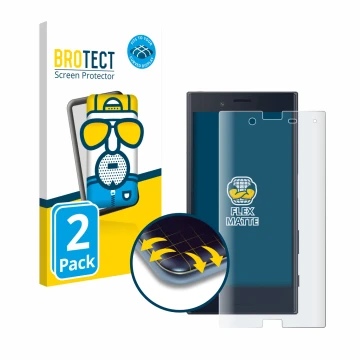 Face avant d’un emballage produit avec le logo de la marque BROTECT. À côté, l’appareil Sony Xperia X Compact est représenté a