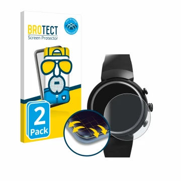 Face avant d’un emballage produit avec le logo de la marque BROTECT. À côté, l’appareil ASUS ZenWatch 3 1.39