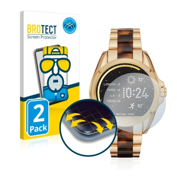 Face avant d’un emballage produit avec le logo de la marque BROTECT. À côté, l’appareil Michael Kors Access Bradshaw est repré