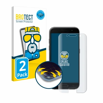 Face avant d’un emballage produit avec le logo de la marque BROTECT. À côté, l’appareil Samsung Galaxy A3 2017 est représenté 