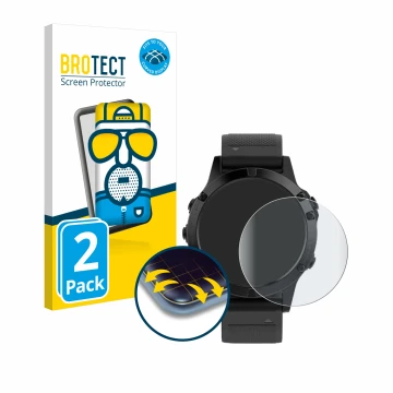 Face avant d’un emballage produit avec le logo de la marque BROTECT. À côté, l’appareil Garmin Fenix 5 (47 mm) est représenté 