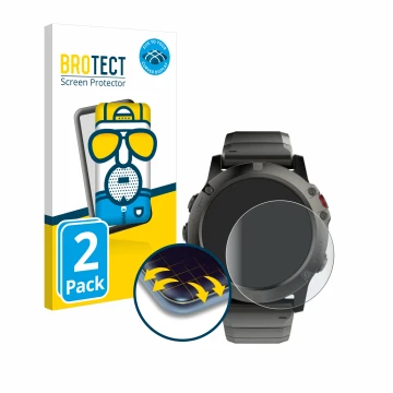 Face avant d’un emballage produit avec le logo de la marque BROTECT. À côté, l’appareil Garmin Fenix 5X (51 mm) est représenté