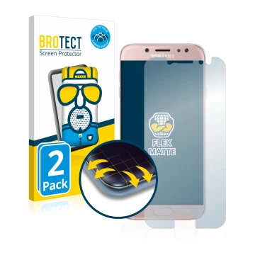 Face avant d’un emballage produit avec le logo de la marque BROTECT. À côté, l’appareil Samsung Galaxy J7 2017 est représenté 