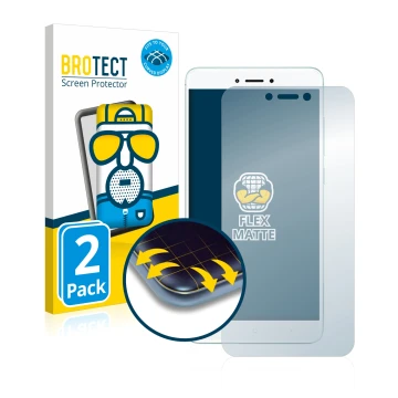 Face avant d’un emballage produit avec le logo de la marque BROTECT. À côté, l’appareil Xiaomi Redmi 4X est représenté avec la