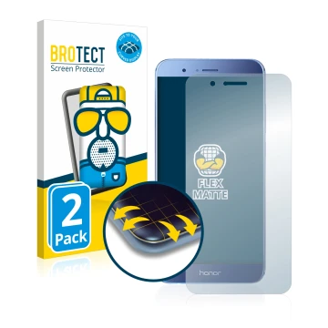 Face avant d’un emballage produit avec le logo de la marque BROTECT. À côté, l’appareil Honor 8 Pro est représenté avec la pro