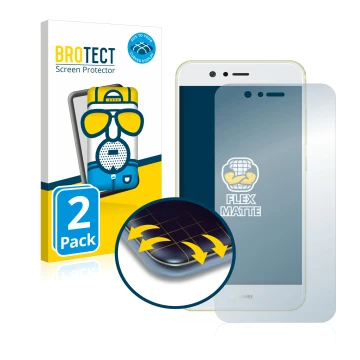 Face avant d’un emballage produit avec le logo de la marque BROTECT. À côté, l’appareil Huawei Nova 2 est représenté avec la p