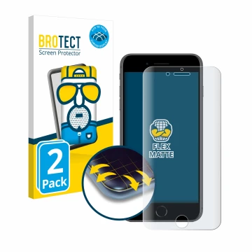 Face avant d’un emballage produit avec le logo de la marque BROTECT. À côté, l’appareil Apple iPhone 8 Plus est représenté ave