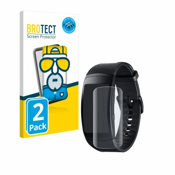 Face avant d’un emballage produit avec le logo de la marque BROTECT. À côté, l’appareil Samsung Gear Fit 2 Pro est représenté 