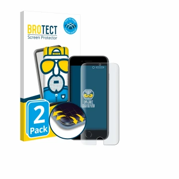 Face avant d’un emballage produit avec le logo de la marque BROTECT. À côté, l’appareil Apple iPhone 8 est représenté avec la 