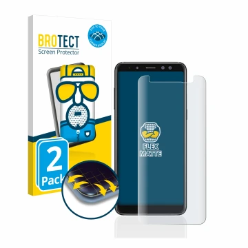 Face avant d’un emballage produit avec le logo de la marque BROTECT. À côté, l’appareil Samsung Galaxy A8 2018 est représenté 