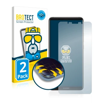 Face avant d’un emballage produit avec le logo de la marque BROTECT. À côté, l’appareil Huawei Mate 10 Pro est représenté avec
