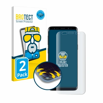 Face avant d’un emballage produit avec le logo de la marque BROTECT. À côté, l’appareil Samsung Galaxy S9 est représenté avec 