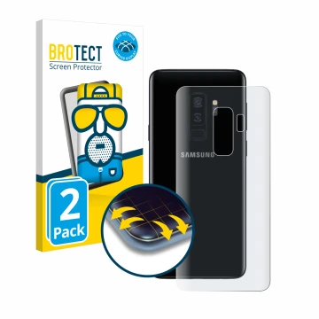 Face avant d’un emballage produit avec le logo de la marque BROTECT. À côté, l’appareil Samsung Galaxy S9 Plus (Le dos) est re