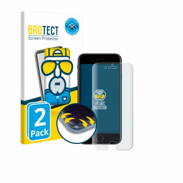 Face avant d’un emballage produit avec le logo de la marque BROTECT. À côté, l’appareil Apple iPhone SE 2 2020 est représenté 