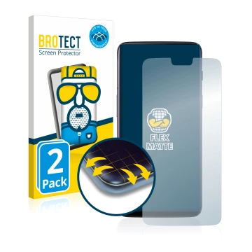 Face avant d’un emballage produit avec le logo de la marque BROTECT. À côté, l’appareil OnePlus 6 est représenté avec la prote