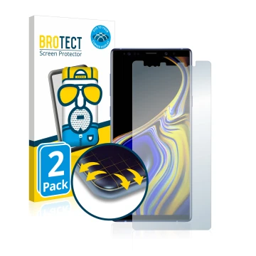 Face avant d’un emballage produit avec le logo de la marque BROTECT. À côté, l’appareil Samsung Galaxy Note 9 est représenté a