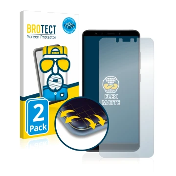 Face avant d’un emballage produit avec le logo de la marque BROTECT. À côté, l’appareil Xiaomi Mi A2 est représenté avec la pr