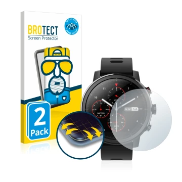 Face avant d’un emballage produit avec le logo de la marque BROTECT. À côté, l’appareil Huami Amazfit Stratos est représenté a