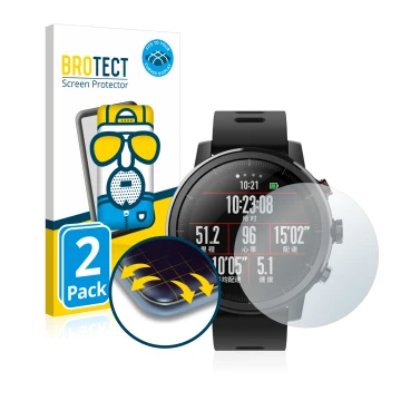 Face avant d’un emballage produit avec le logo de la marque BROTECT. À côté, l’appareil Huami Amazfit Stratos 2 est représenté