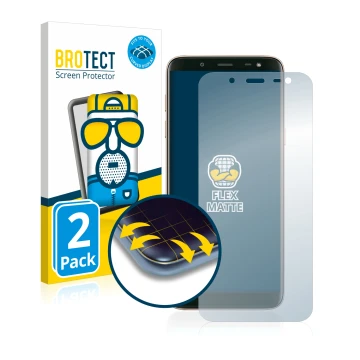 Face avant d’un emballage produit avec le logo de la marque BROTECT. À côté, l’appareil Samsung Galaxy J6 2018 est représenté 