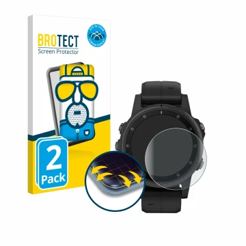 Face avant d’un emballage produit avec le logo de la marque BROTECT. À côté, l’appareil Garmin Fenix 5S Plus (42 mm) est repré