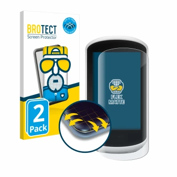 Face avant d’un emballage produit avec le logo de la marque BROTECT. À côté, l’appareil Garmin Edge Explore 2018 est représent