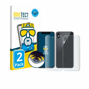 Face avant d’un emballage produit avec le logo de la marque BROTECT. À côté, l’appareil Apple iPhone Xs (Avant+Arrière) est re