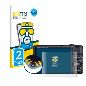 Face avant d’un emballage produit avec le logo de la marque BROTECT. À côté, l’appareil Canon PowerShot SX740 HS est représent