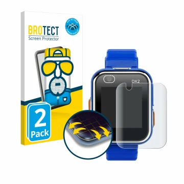 Face avant d’un emballage produit avec le logo de la marque BROTECT. À côté, l’appareil Vtech Kidizoom Smart Watch DX2 est rep