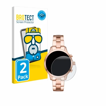 Face avant d’un emballage produit avec le logo de la marque BROTECT. À côté, l’appareil Michael Kors Access Runway (41 mm) est