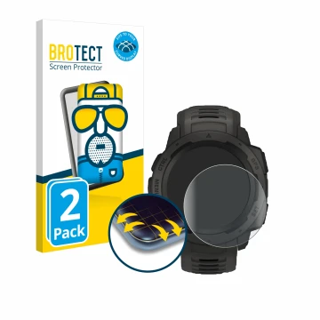 Face avant d’un emballage produit avec le logo de la marque BROTECT. À côté, l’appareil Garmin Instinct est représenté avec la