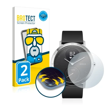 Face avant d’un emballage produit avec le logo de la marque BROTECT. À côté, l’appareil Withings Steel HR (40 mm) est représen