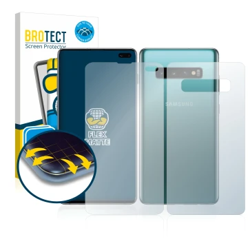 Face avant d’un emballage produit avec le logo de la marque BROTECT. À côté, l’appareil Samsung Galaxy S10 Plus (Avant+Arrière
