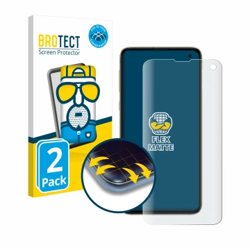 Face avant d’un emballage produit avec le logo de la marque BROTECT. À côté, l’appareil Samsung Galaxy S10e est représenté ave