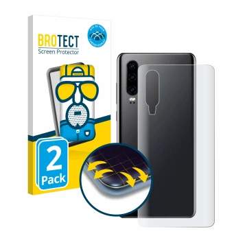 Face avant d’un emballage produit avec le logo de la marque BROTECT. À côté, l’appareil Huawei P30 (Arrière) est représenté av