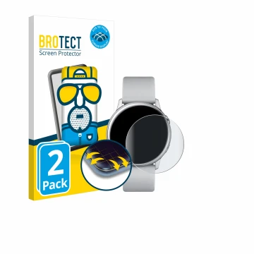 Face avant d’un emballage produit avec le logo de la marque BROTECT. À côté, l’appareil Samsung Galaxy Watch Active est représ