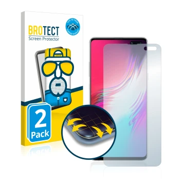 Face avant d’un emballage produit avec le logo de la marque BROTECT. À côté, l’appareil Samsung Galaxy S10 5G est représenté a