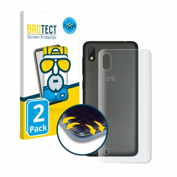 Face avant d’un emballage produit avec le logo de la marque BROTECT. À côté, l’appareil ZTE Blade A530 (Arrière) est représent