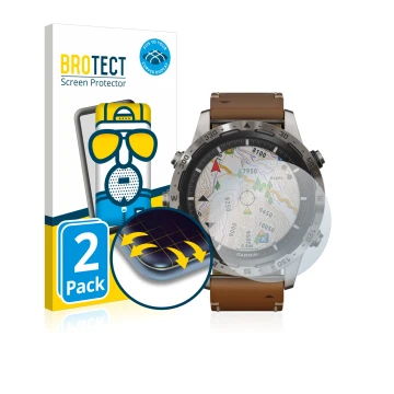 Face avant d’un emballage produit avec le logo de la marque BROTECT. À côté, l’appareil Garmin Marq Adventurer est représenté 