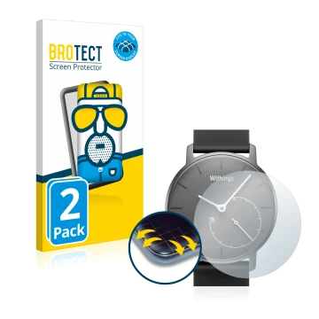 Face avant d’un emballage produit avec le logo de la marque BROTECT. À côté, l’appareil Withings Activité Pop est représenté a