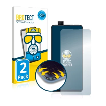 Face avant d’un emballage produit avec le logo de la marque BROTECT. À côté, l’appareil Xiaomi Mi 9T Pro est représenté avec l