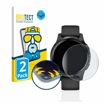 Face avant d’un emballage produit avec le logo de la marque BROTECT. À côté, l’appareil Garmin vivoactive 4 (45 mm) est représ