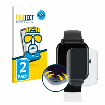 Face avant d’un emballage produit avec le logo de la marque BROTECT. À côté, l’appareil Huami Amazfit GTS est représenté avec 