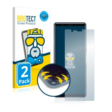 Face avant d’un emballage produit avec le logo de la marque BROTECT. À côté, l’appareil Sony Xperia 5 est représenté avec la p