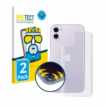 Face avant d’un emballage produit avec le logo de la marque BROTECT. À côté, l’appareil Apple iPhone 11 (Arrière) est représen