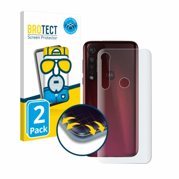Face avant d’un emballage produit avec le logo de la marque BROTECT. À côté, l’appareil Motorola Moto G8 Plus (Arrière) est re