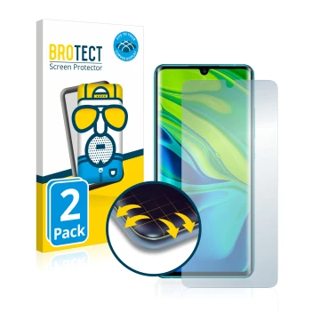 Face avant d’un emballage produit avec le logo de la marque BROTECT. À côté, l’appareil Xiaomi Mi Note 10 est représenté avec 